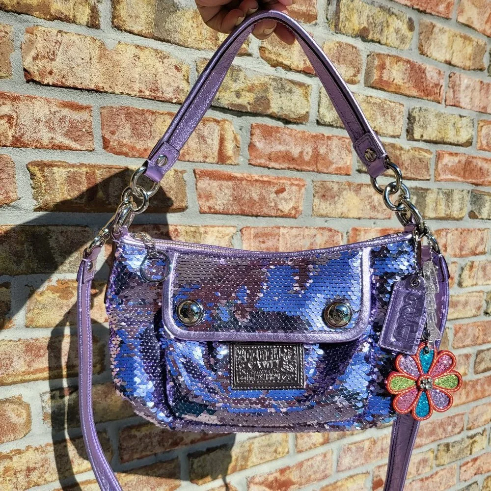バッグ Coach Purple Poppy Sequins Bag Rare COACH POPPY SPECIAL EDITION SEQUINS AMETHYST CINCH DRAWSTRING